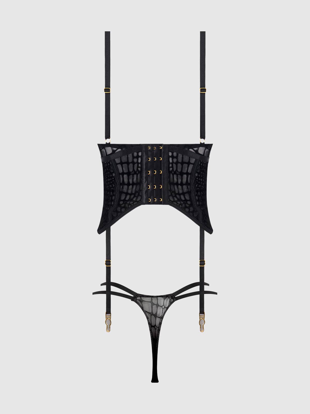 SNAKE VELVET-BURNOUT MESH BUSTIER & THONG SET