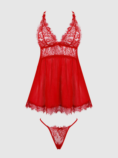 MILA EYELASH LACE & MESH BABYDOLL & G-STRING SET